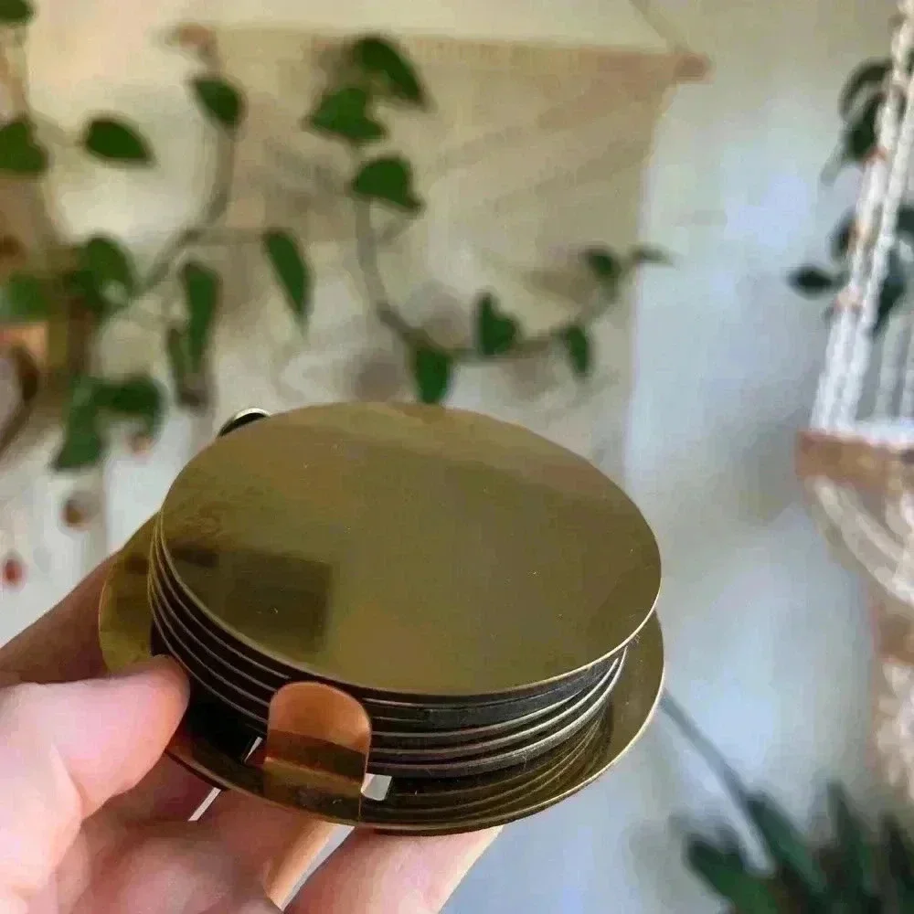 IKEA GLATTIS Coasters with holder, brass / gold color, 3 
